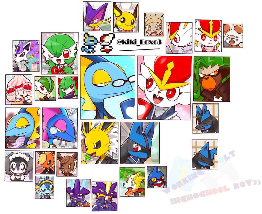 gardevoir, eevee, lucario, kirlia, vaporeon, and 16 more (pokemon) drawn by kiki_(431642)