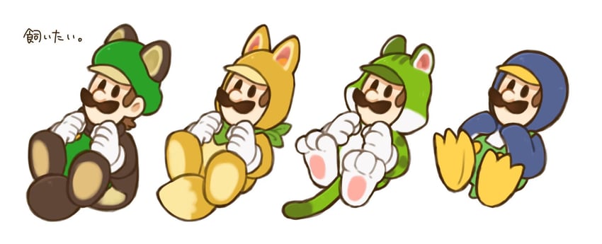 luigi, kitsune luigi, cat luigi, flying squirrel luigi, and penguin luigi (mario and 4 more) drawn by mimimi_(mimimim9999)