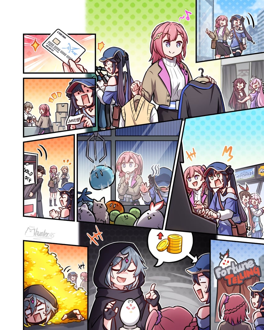 mona, elysia, march 7th, amber, slime, and 7 more (genshin impact and 4 more) drawn by mhunter_45