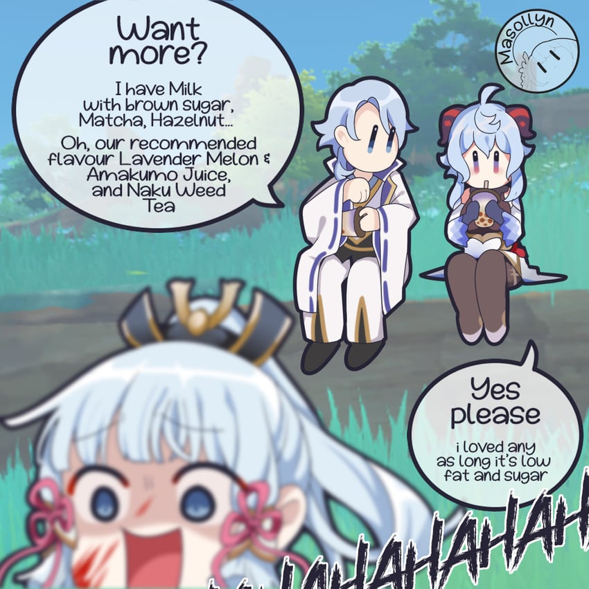 ganyu, kamisato ayaka, and kamisato ayato (genshin impact) drawn by masollyn
