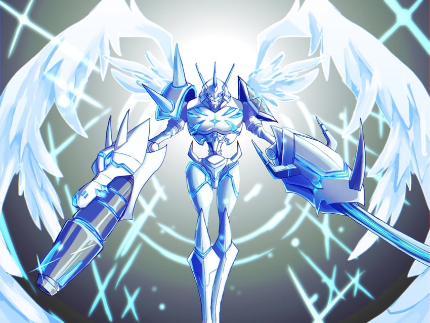 omegamon and omegamon merciful mode (digimon) drawn by megane_mochi