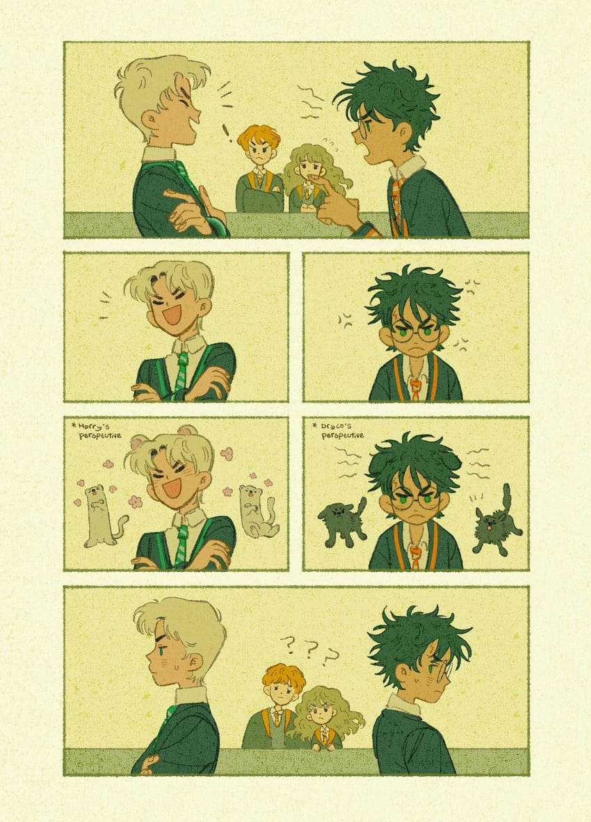 hermione granger, harry potter, ron weasley, and draco malfoy (wizarding world and 1 more) drawn by helen_jee