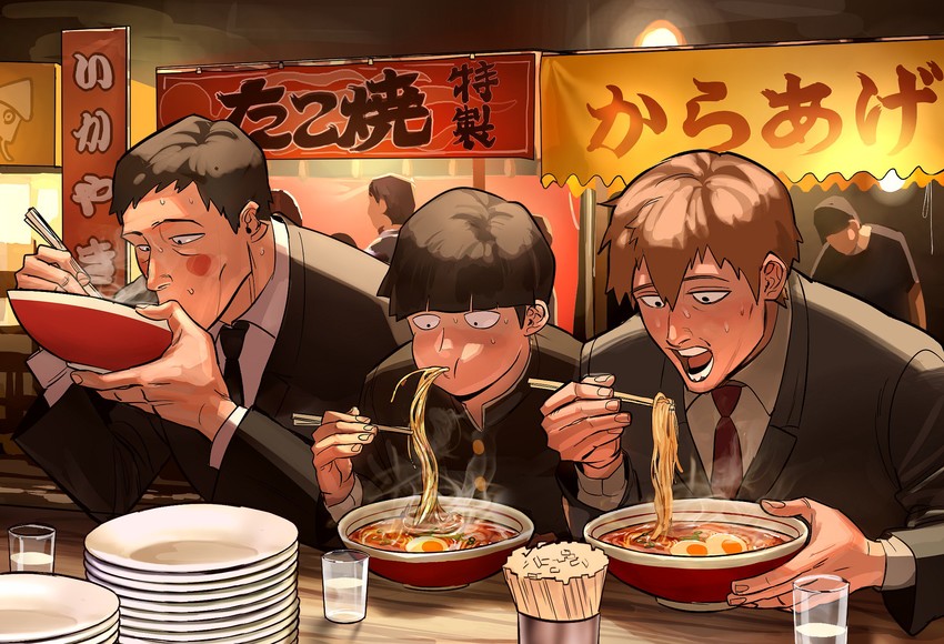 kageyama shigeo, reigen arataka, ekubo, and yoshioka mamoru (mob psycho 100) drawn by munakata_natsudou_(munakata_n)