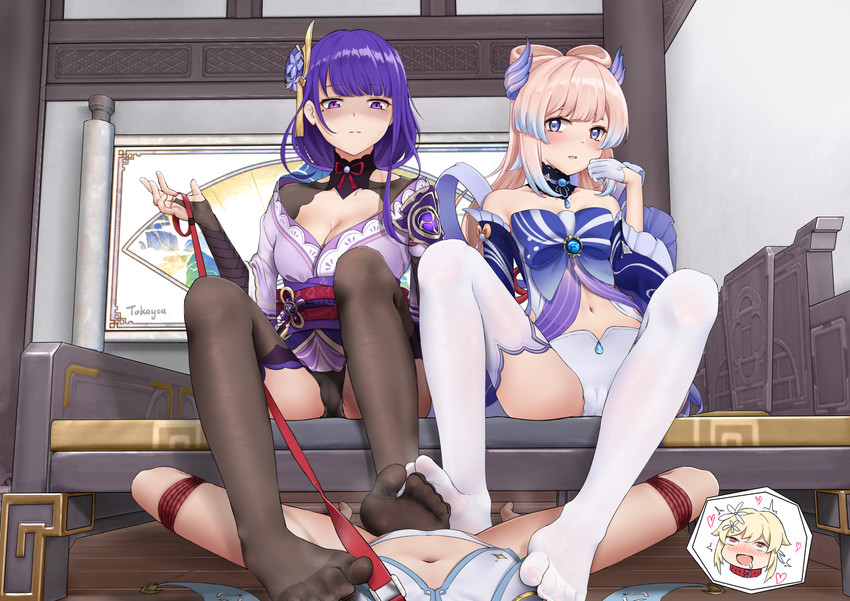 lumine, raiden shogun, and sangonomiya kokomi (genshin impact) drawn by tokayou