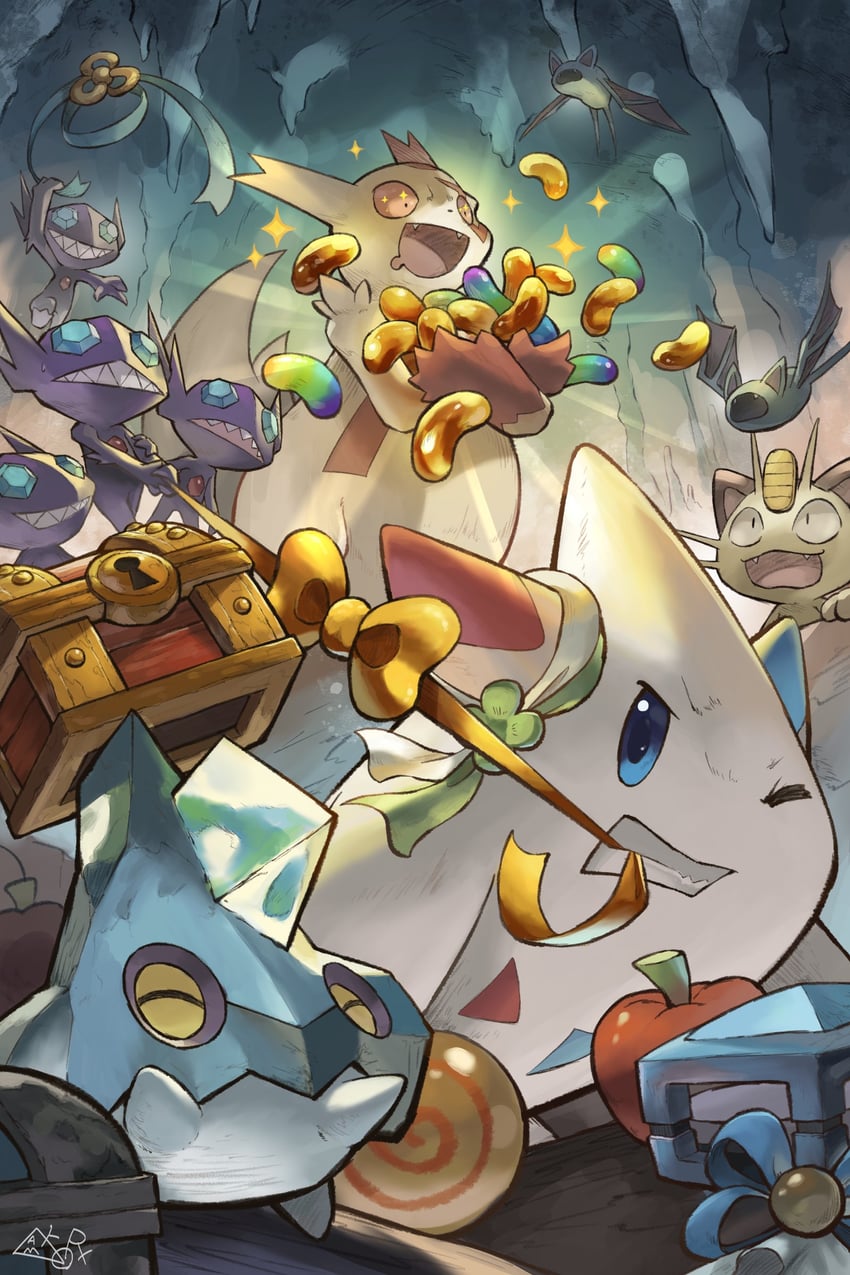 meowth, sableye, togekiss, zubat, zangoose, and 1 more (pokemon and 1 more) drawn by yamaori_(hakkentai_pokedan)