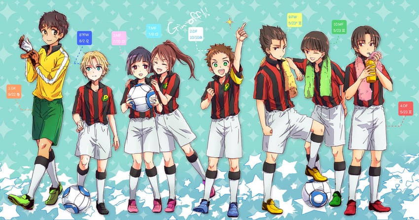 takatoo erika, saionji reika, furuya kota, aoto gonzales takuma, furuya ryuuji, and 3 more (ginga e kickoff!!) drawn by ryoanji