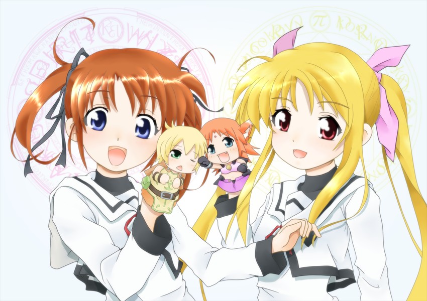 fate testarossa, takamachi nanoha, yuuno scrya, and arf (lyrical nanoha and 2 more) drawn by kamiyubi_saro