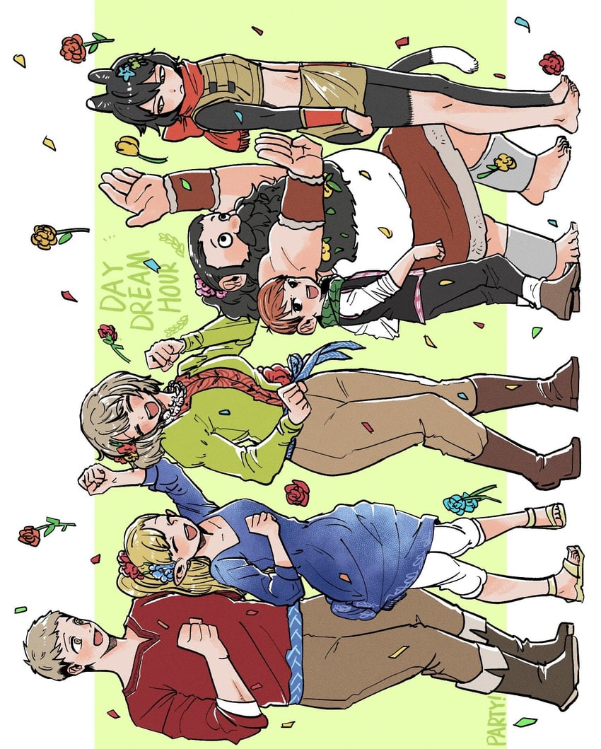 marcille donato, falin touden, laios touden, senshi, chilchuck tims, and 1 more (dungeon meshi) drawn by janbanclear