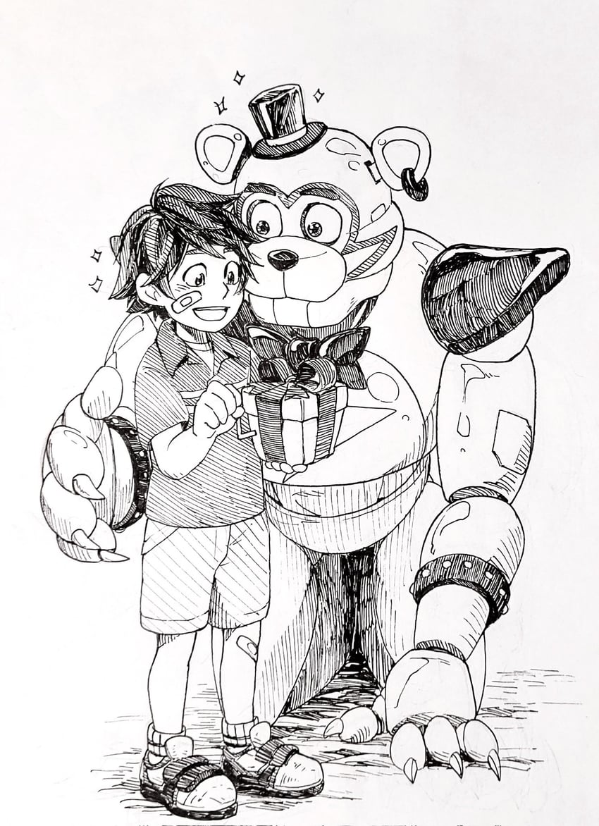 glamrock freddy and gregory (five nights at freddy's and 1 more) drawn by conabemin