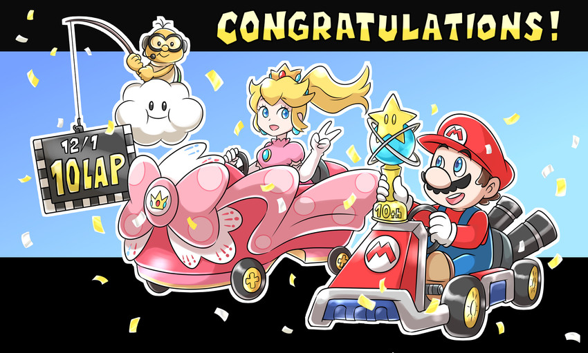 princess peach, mario, lakitu, and lakitu's cloud (mario and 2 more) drawn by aogaeru_(pixiv46613656)