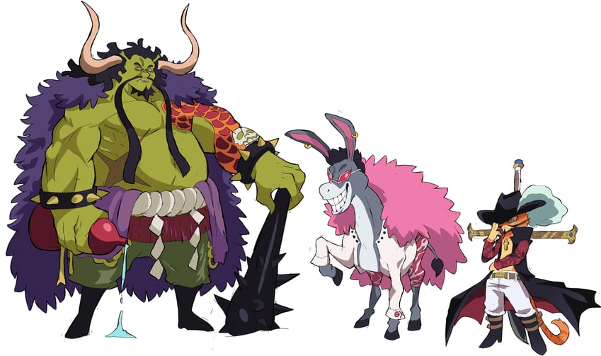 donquixote doflamingo, dracule mihawk, kaidou, puss in boots, shrek, and 1 more (one piece and 1 more) drawn by cyberlord1109