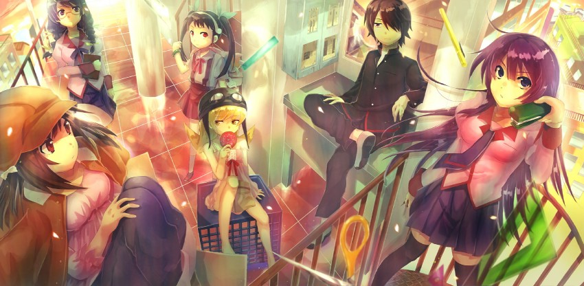 oshino shinobu, senjougahara hitagi, hanekawa tsubasa, sengoku nadeko, hachikuji mayoi, and 1 more (monogatari and 2 more) drawn by hayama_eishi