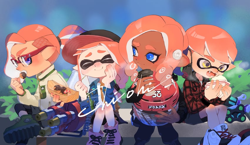 inkling player character, inkling girl, octoling player character, octoling girl, and inkling boy (splatoon) drawn by shiohi