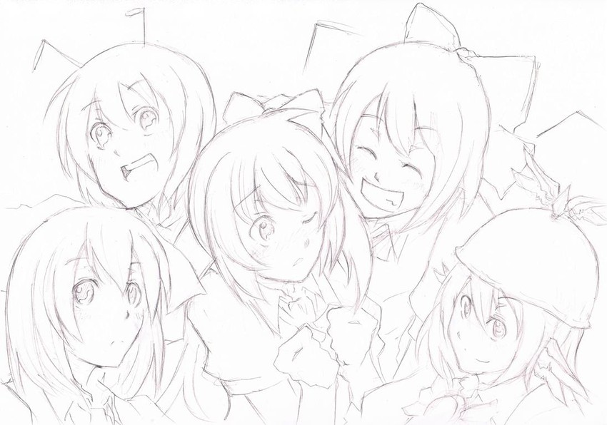 cirno, rumia, mystia lorelei, daiyousei, and wriggle nightbug (touhou) drawn by akaimame