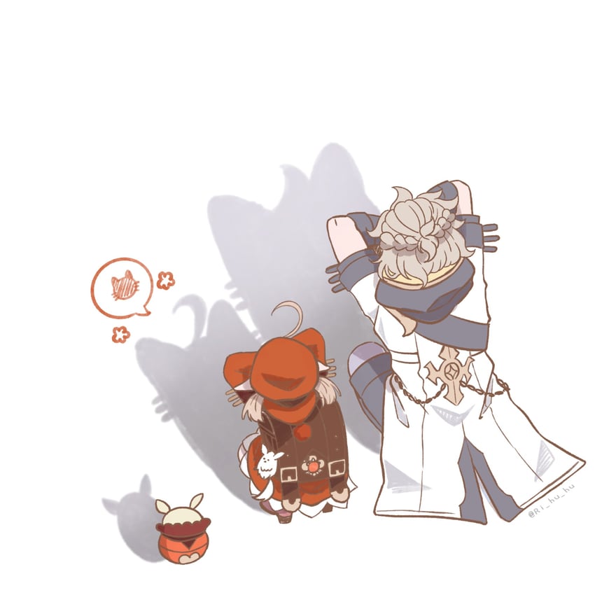klee, dodoco, albedo, and jumpy dumpty (genshin impact) drawn by ri_hu_hu