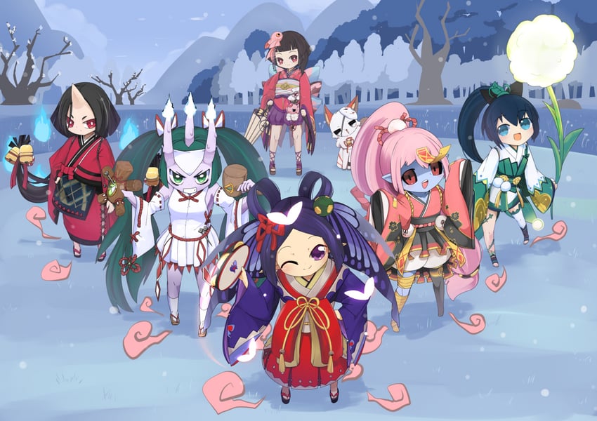 kagura, hotarugusa, kyonshii imouto, zashiki warashi, kochou no sei, and 2 more (onmyoji) drawn by lets0020