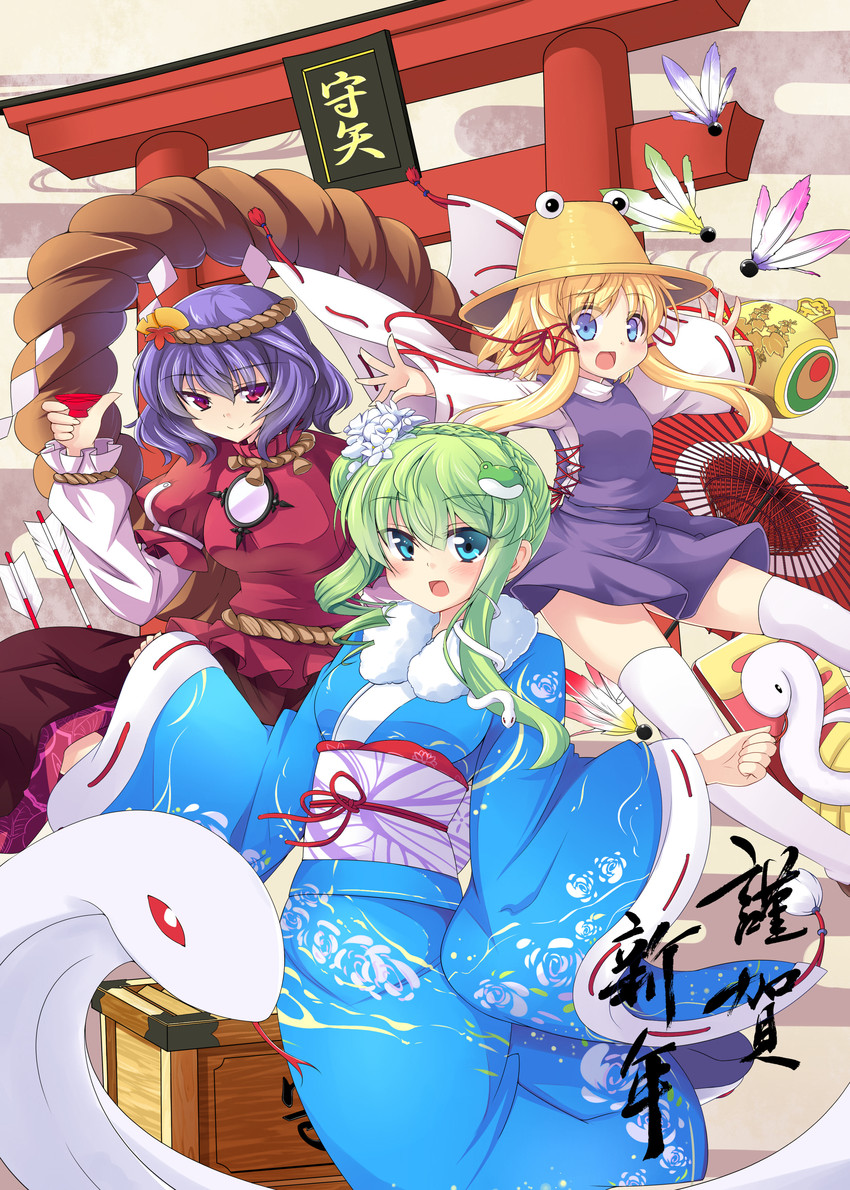 kochiya sanae, moriya suwako, and yasaka kanako (touhou) drawn by kazami_chiu