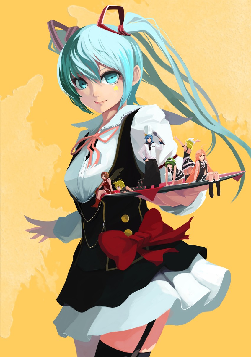 hatsune miku, kagamine rin, kagamine len, kaito, meiko, and 2 more (vocaloid) drawn by elrowa