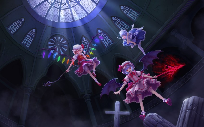 remilia scarlet, flandre scarlet, and izayoi sakuya (touhou) drawn by wudi_de_pangxie