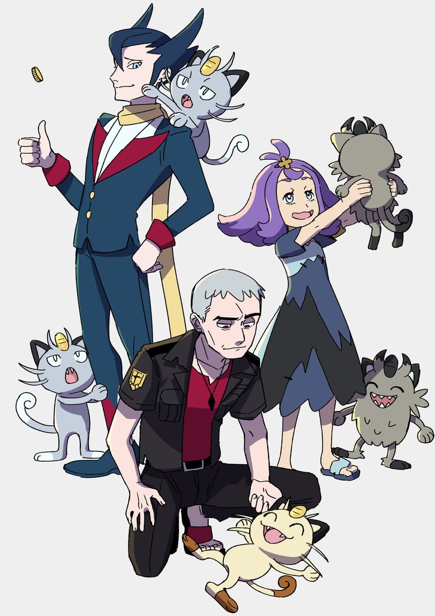 meowth, acerola, grimsley, nanu, alolan meowth, and 1 more (pokemon and 3 more) drawn by papurikagakusyu