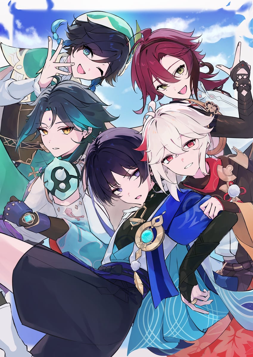scaramouche, wanderer, venti, xiao, kaedehara kazuha, and 1 more (genshin impact) drawn by okakinako