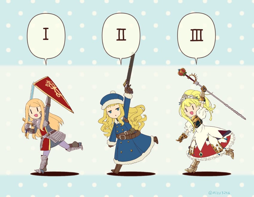 gunner, gunner 2, paladin, princess, paladin 2, and 1 more (sekaiju no meikyuu and 4 more) drawn by mizu3256