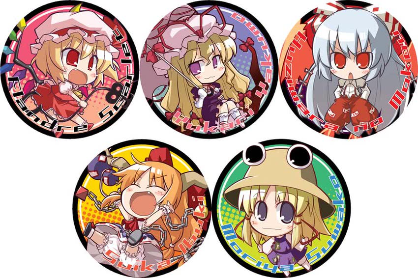 flandre scarlet, yakumo yukari, fujiwara no mokou, moriya suwako, and ibuki suika (touhou) drawn by akaneya