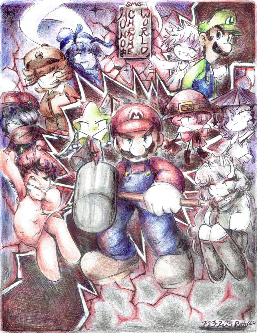 mario, luigi, starlings, chimaru, mai lee, and 6 more (mario and 2 more) drawn by retros64