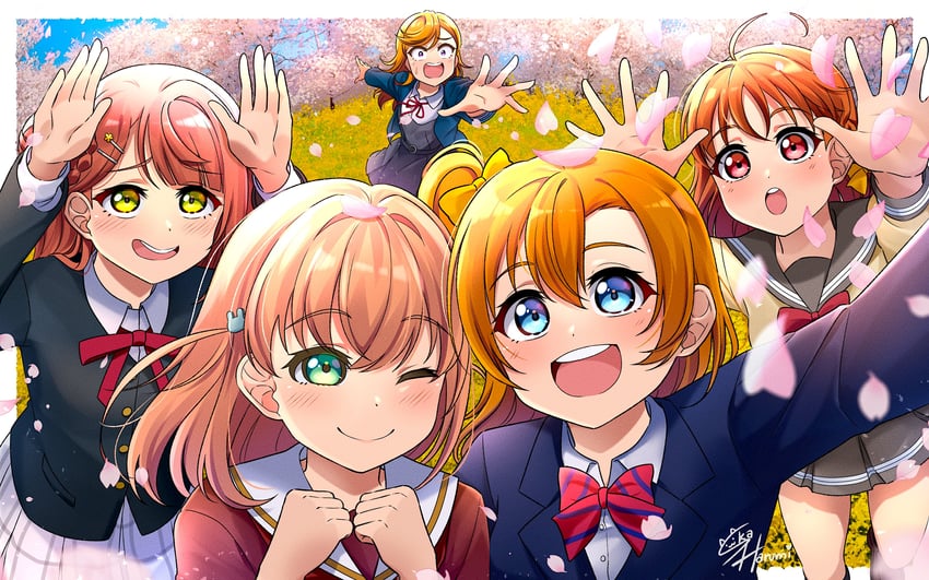 hinoshita kaho, kosaka honoka, takami chika, uehara ayumu, and shibuya kanon (love live! and 5 more) drawn by ska.harumi