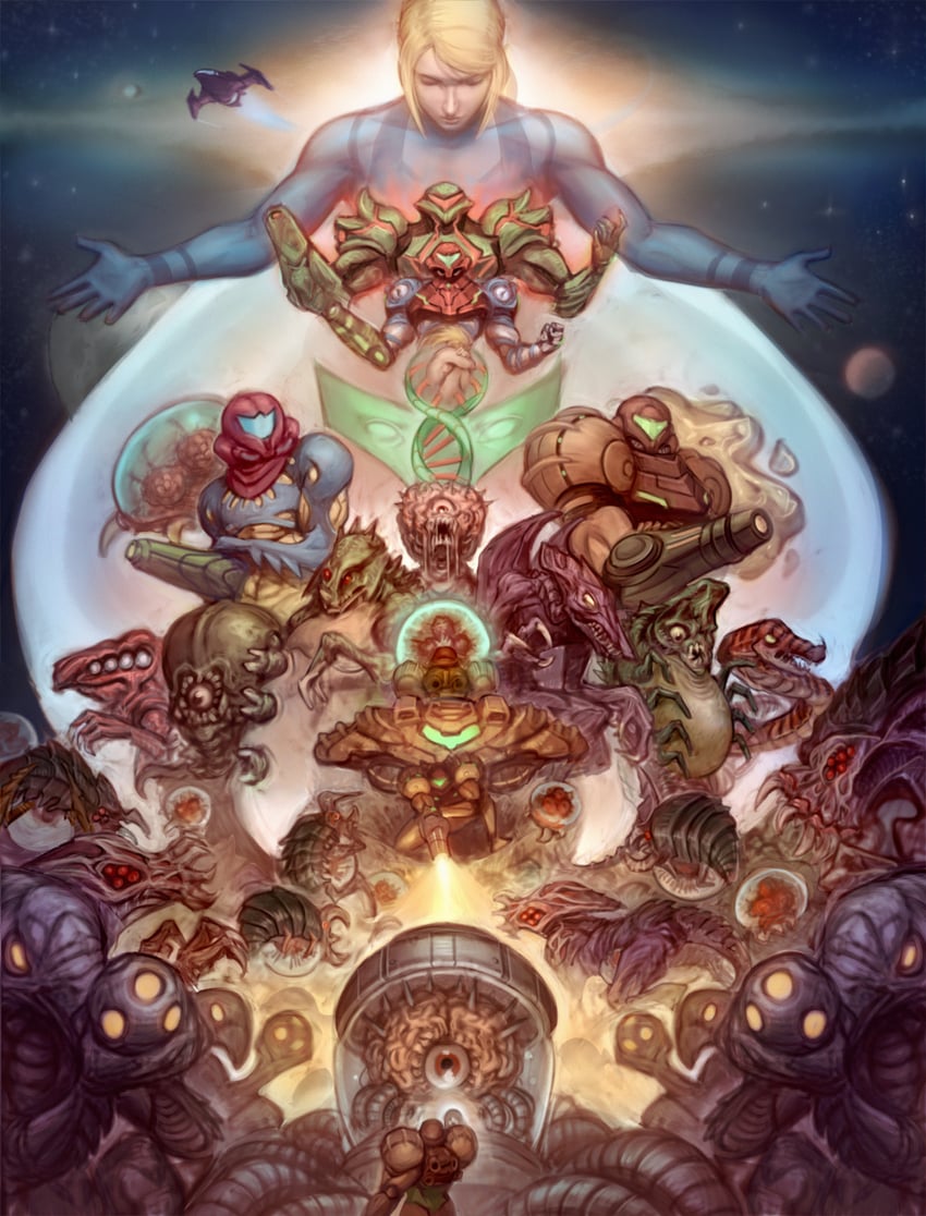 samus aran, metroid, metroid larva, ridley, mother brain, and 12 more (metroid and 5 more) drawn by zhjake