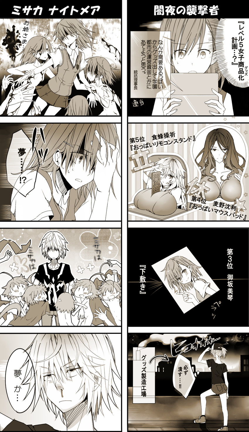 misaka mikoto, shokuhou misaki, accelerator, last order, misaka imouto, and 1 more (toaru majutsu no index and 2 more) drawn by kanata_(mizubenisumutori)