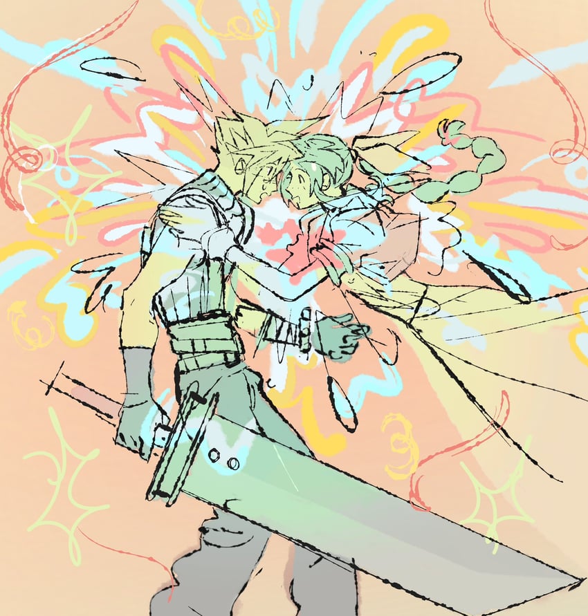 cloud strife and aerith gainsborough (final fantasy and 1 more) drawn by jaysoysaucee