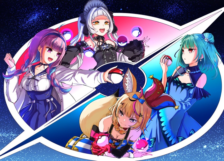minato aqua, murasaki shion, uruha rushia, and omaru polka (pokemon and 1 more) drawn by yuu201023