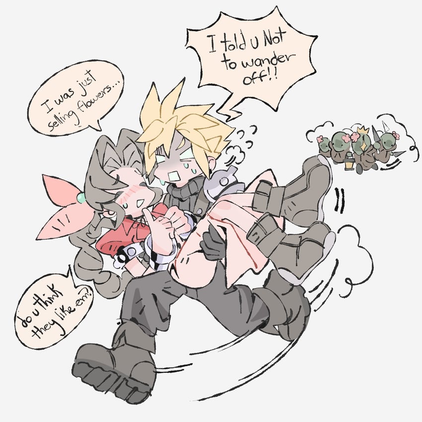 cloud strife, aerith gainsborough, and tonberry (final fantasy and 1 more) drawn by mmmckayyy