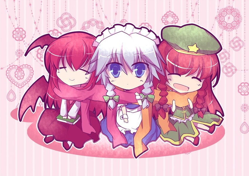 izayoi sakuya, hong meiling, and koakuma (touhou) drawn by fuepo