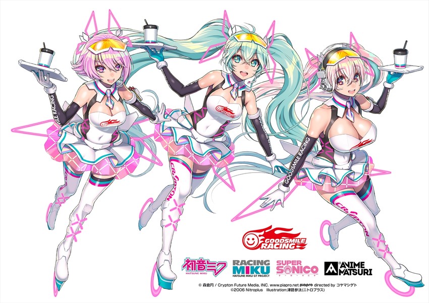 hatsune miku, super sonico, racing miku, and mirai (vocaloid and 3 more) drawn by tsuji_santa
