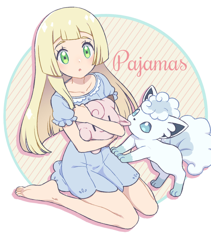 lillie, alolan vulpix, and clefairy (pokemon and 1 more) drawn by okonomi