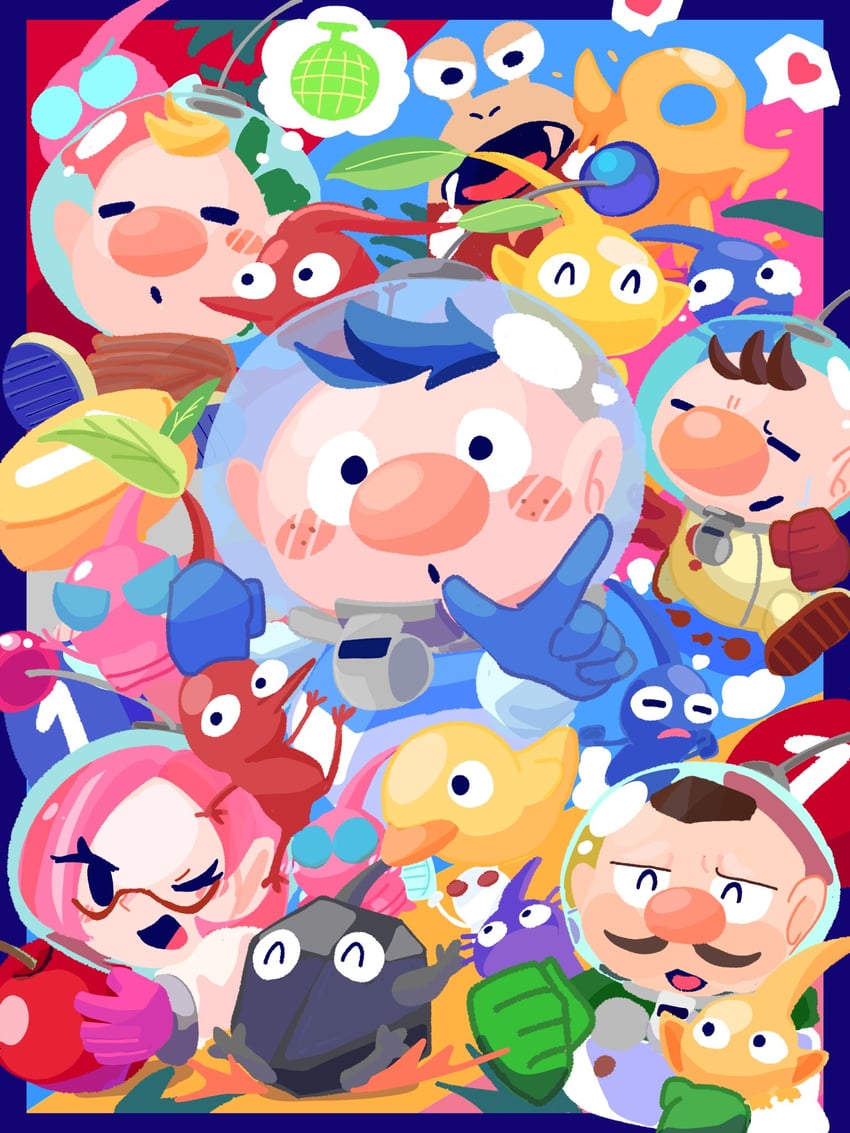 red pikmin, olimar, yellow pikmin, blue pikmin, purple pikmin, and 9 more (pikmin and 1 more) drawn by omame_sakana