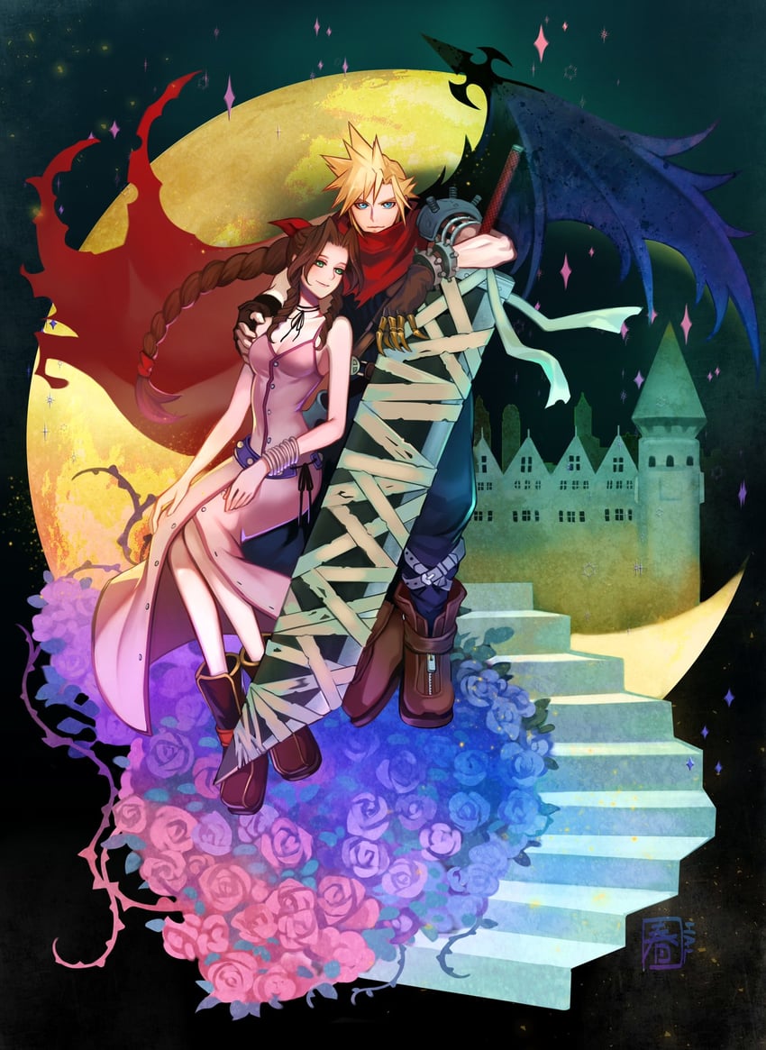 cloud strife and aerith gainsborough (final fantasy and 2 more) drawn by halu-ca