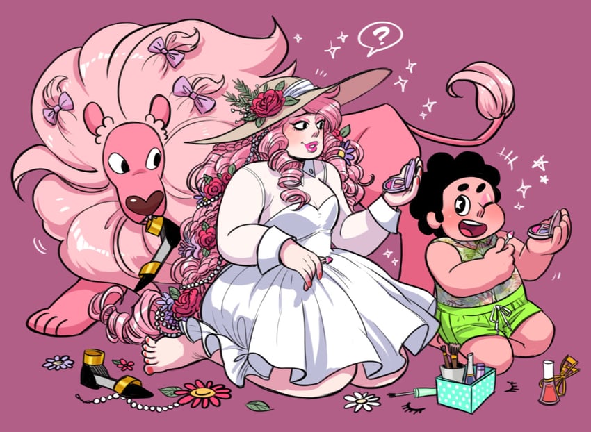 steven quartz universe, rose quartz universe, and lion (steven universe) drawn by junkmix_(c2ndy2c1d)