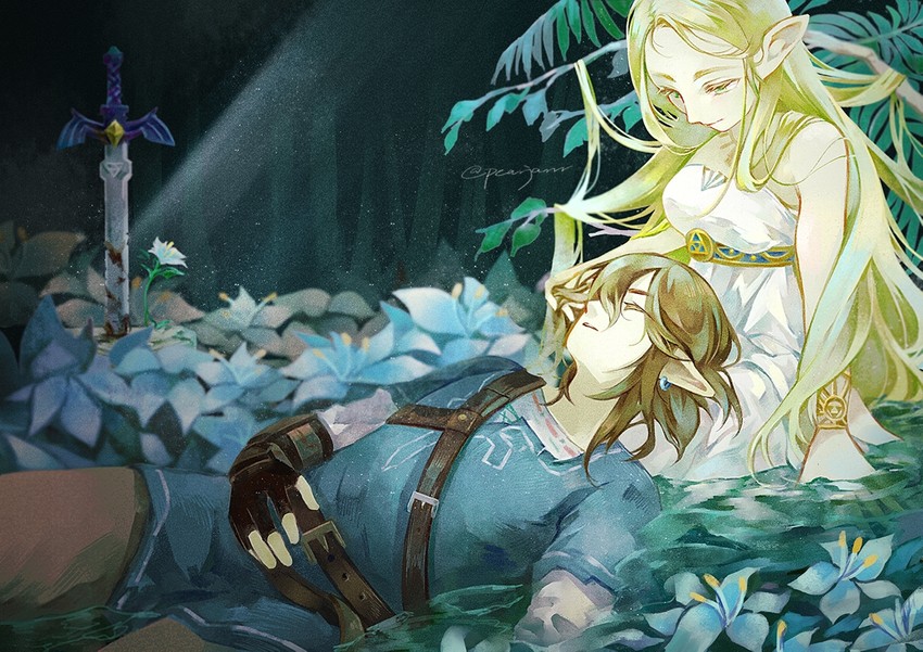 link and princess zelda (the legend of zelda and 1 more) drawn by pearjarrr