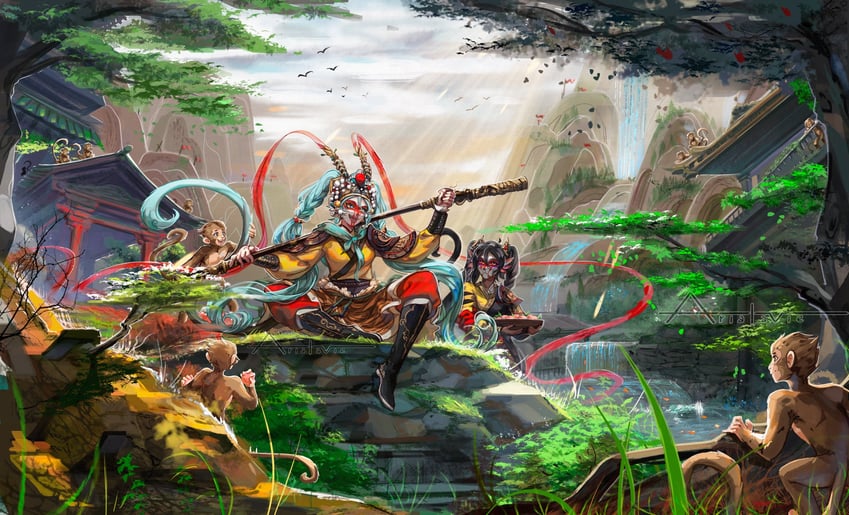 hatsune miku and sun wukong (vocaloid and 1 more) drawn by arialavie