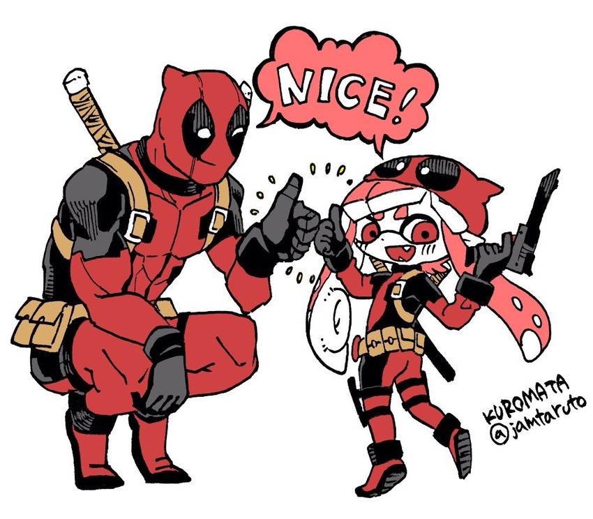 inkling player character, inkling girl, and deadpool (splatoon and 3 more) drawn by kuromata