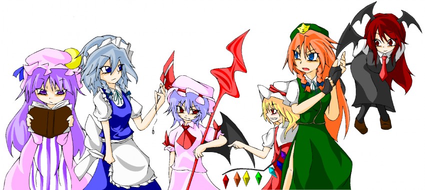 remilia scarlet, flandre scarlet, izayoi sakuya, patchouli knowledge, hong meiling, and 1 more (touhou) drawn by bacho