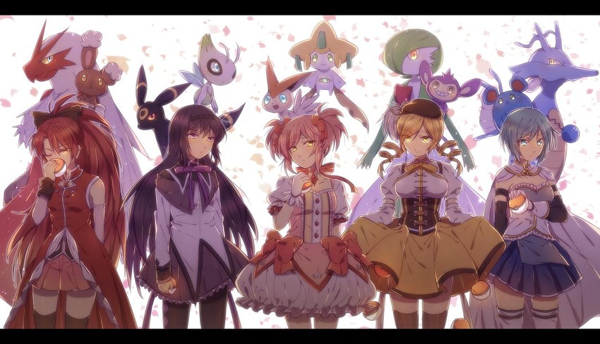 akemi homura, kaname madoka, miki sayaka, sakura kyoko, tomoe mami, and 10 more (pokemon and 1 more) drawn by mika_(1020mk)