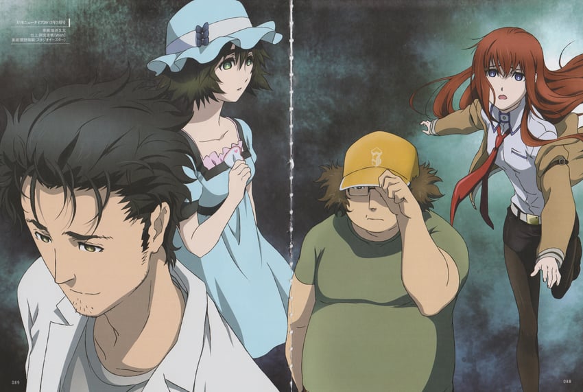 makise kurisu, okabe rintarou, shiina mayuri, and hashida itaru (science adventure and 2 more) drawn by sakai_kyuuta