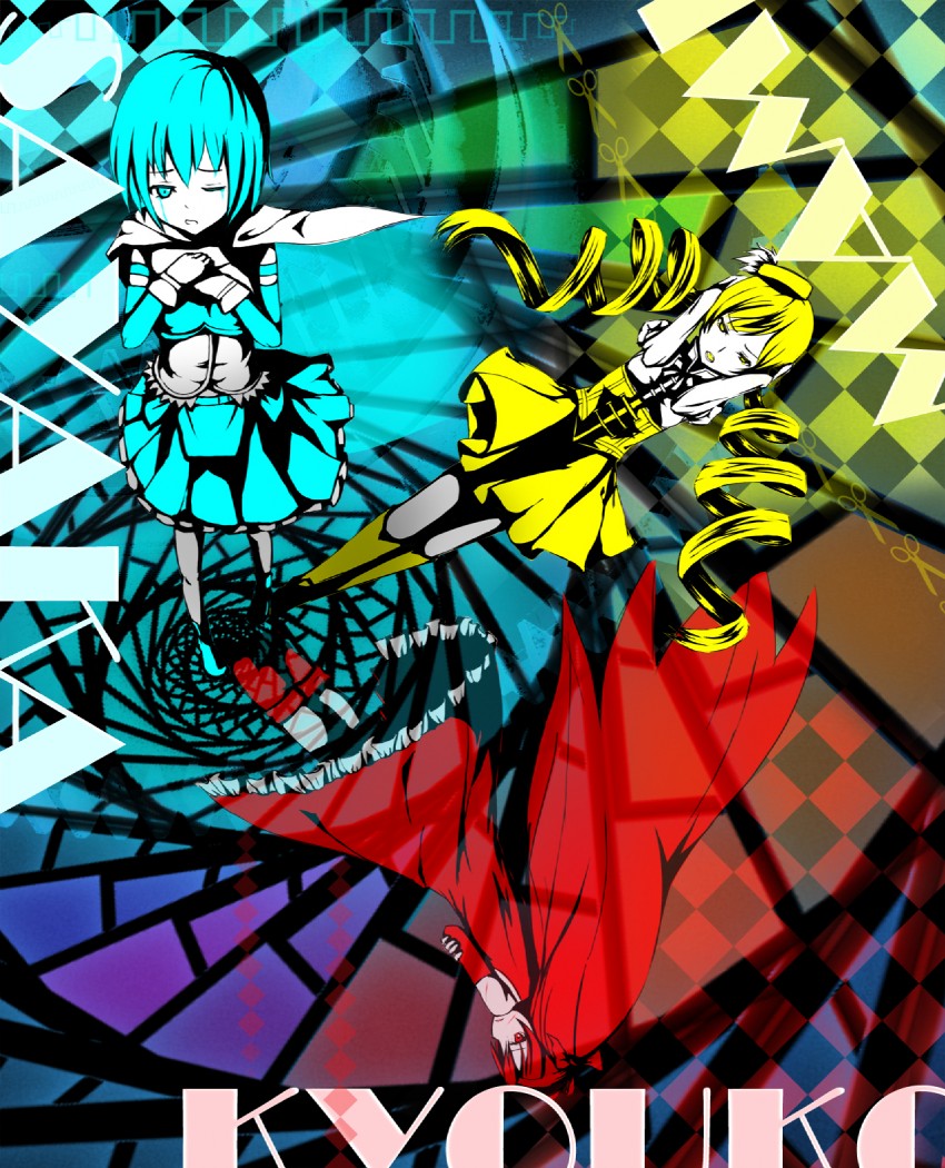 miki sayaka, sakura kyoko, and tomoe mami (mahou shoujo madoka magica) drawn by fuyou_deng
