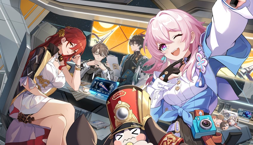 march 7th, dan heng, himeko, pom-pom, and welt yang (honkai and 1 more) drawn by vancogk