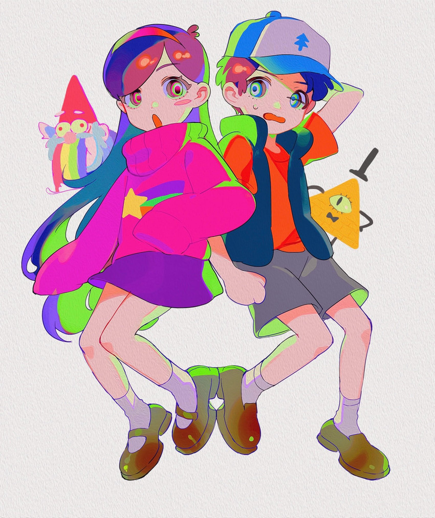 mabel pines, dipper pines, bill cipher, and shmebulock (gravity falls) drawn by nima_(nimamann)