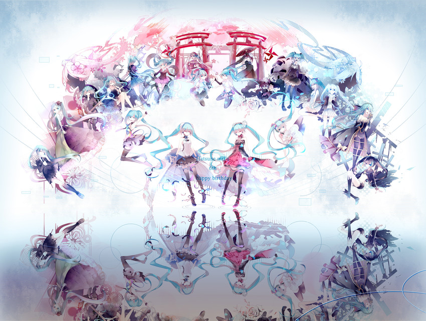 hatsune miku, black rock shooter, yuki miku, and sakura miku (vocaloid and 17 more) drawn by mamenomoto